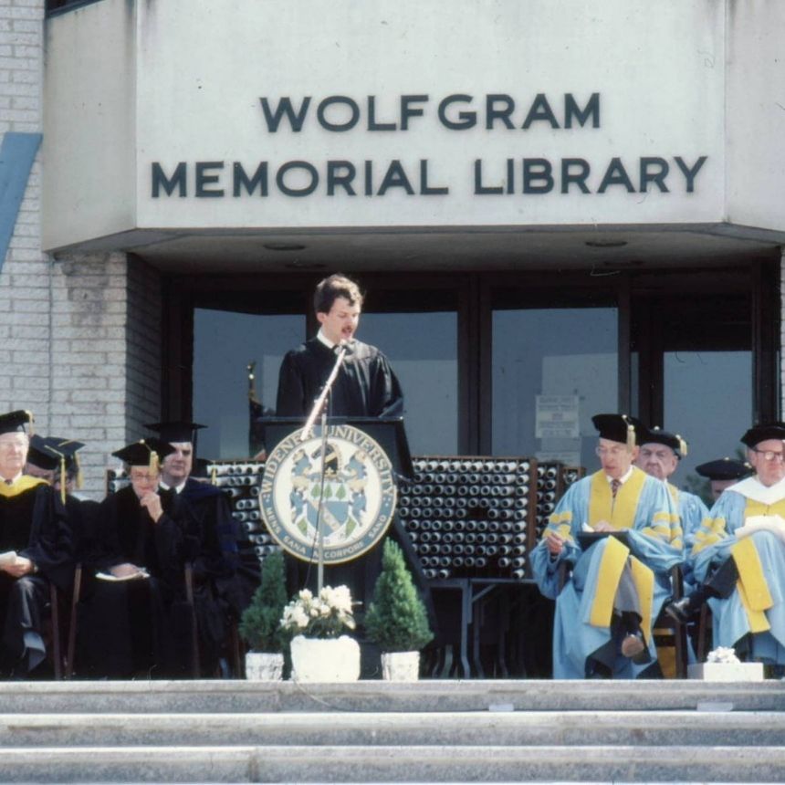 The commencement ceremony was held on the steps of Wolfgram Memorial Library.