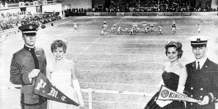 Couples from PMC and Kings Point hold flags representing their schools for the 1962 Boardwalk Bowl.