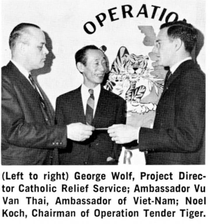 (Left to right) George Wolf, Project Director Catholic Relief Service; Ambassador Vu Van Thai, Ambassador of Viet-Nam; Noel Koch, Chairman of Operation Tender Tiger.