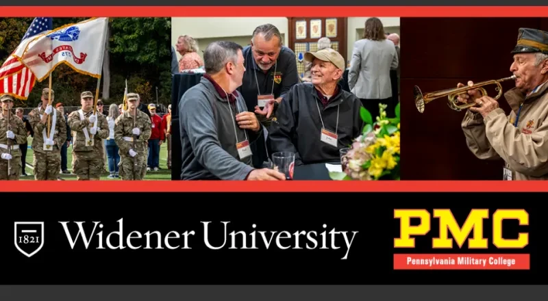 Widener University and PMC Pennsylvania Military College collage showing ROTC cadets, PMC alumni gathering, and a PMC alumni playing trumpet