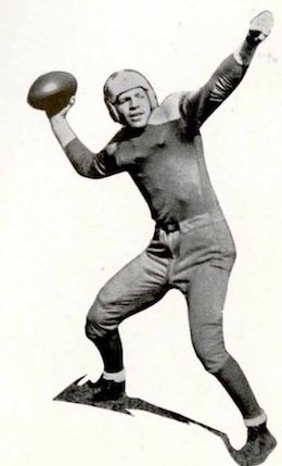 PMC alum, William “Reds” Pollock, throws a football in football uniform.