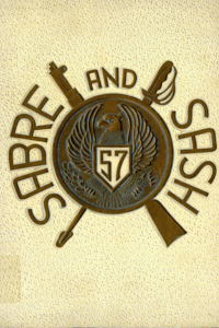 (e.g., PMC 1957 Yearbook Cover beige background with brown design in the middle)