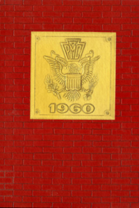 (e.g., PMC 1960 Yearbook Cover red brick wall background with gold in the middle)