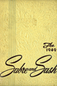 (e.g., PMC 1949 Yearbook Cover gold background with thin vertical lines and dark cursive letters)