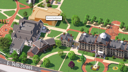 Alumni Auditorium is located next to Founders Hall on the corner of Memorial Field.