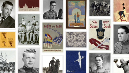 Collage of Pennsylvania Military College cadets and archived yearbooks documenting student life and traditions