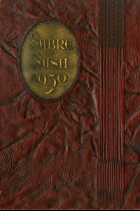 (e.g., PMC 1930 Yearbook Cover maroon background with gold emblem saying Sabre and sash inside)
