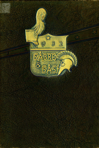 (e.g., PMC 1932 Yearbook Cover brown background with gold emblem in the middle with knight helmet)