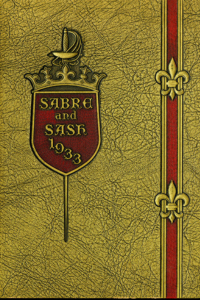 (e.g., PMC 1933 Yearbook Cover Gold textured background with red shield, crown, and sailboat)